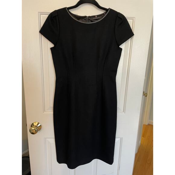 Elie Tahari Size 4 Wool Blend Dress Leather Neckline Black Fully Lined SmallFlaw - Picture 1 of 11